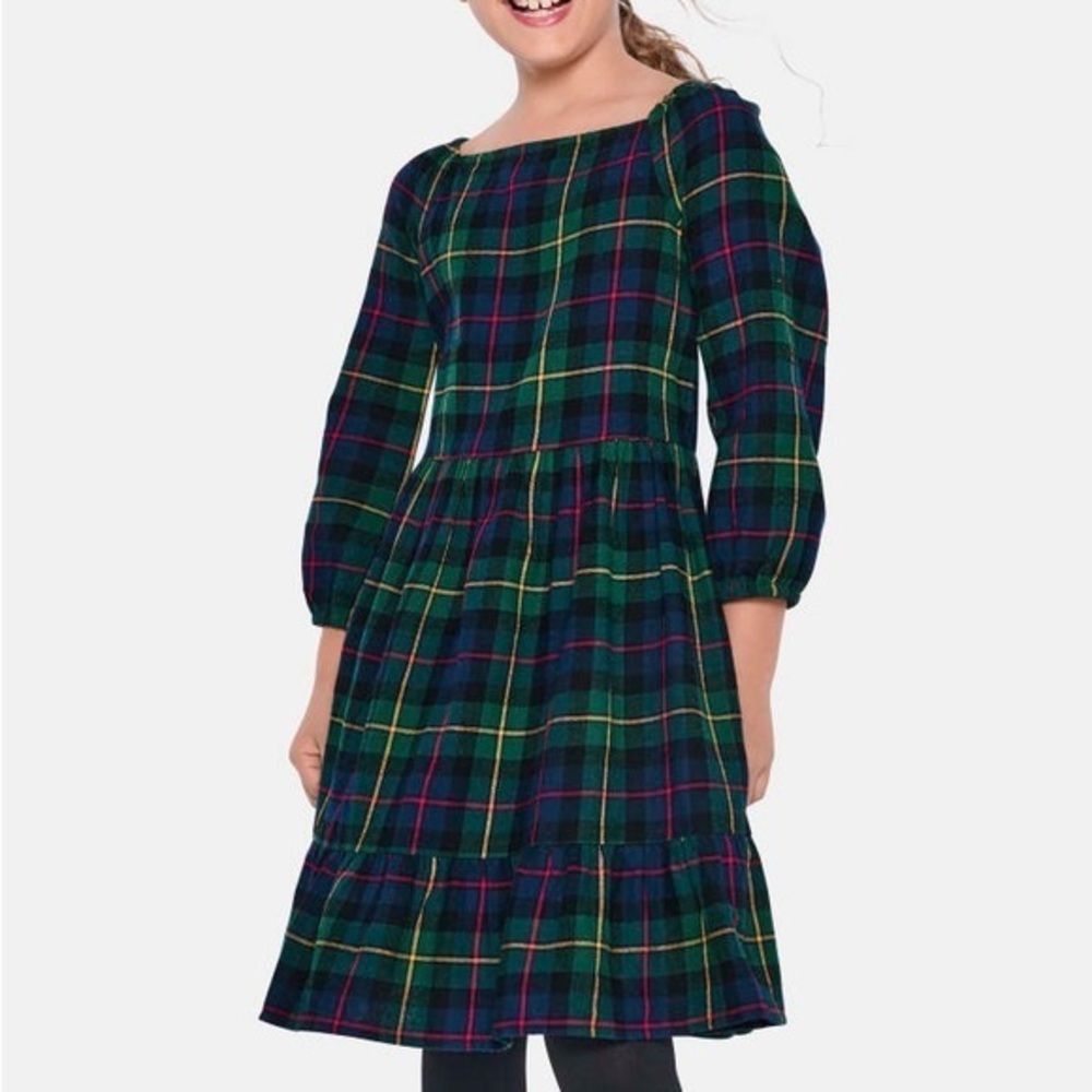 Place Plaid Tiered Long-Sleeve Dress in Green and Navy with Pink Accents